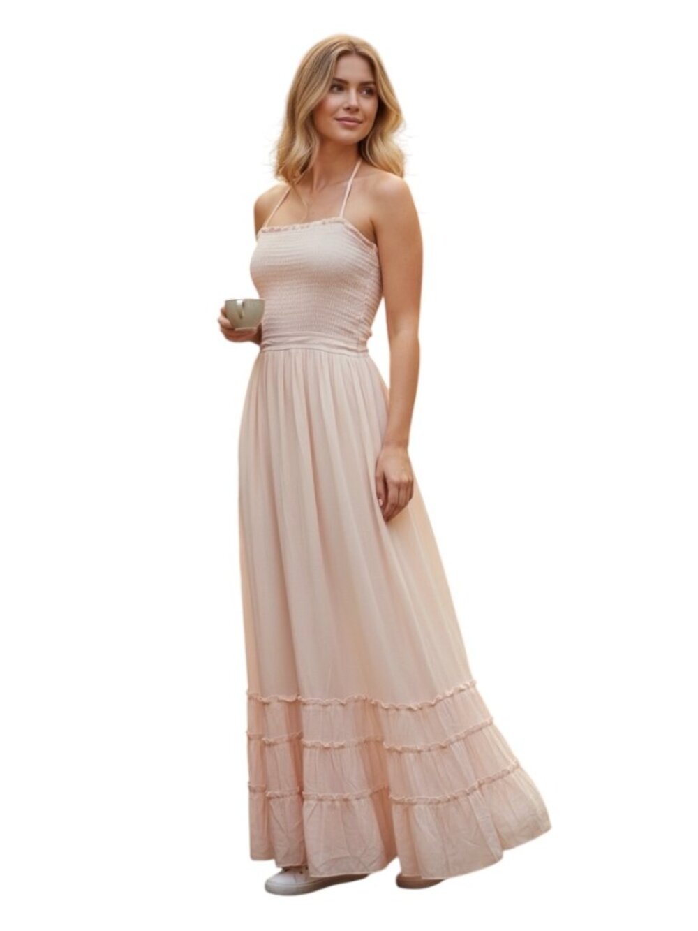 NWT R.Vivimos Boho Maxi Dress XL Peach Halter Backless Smocked Cottagecore Boho